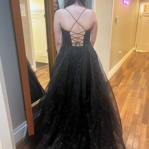 Black glitter full length prom dress with lace upback from glitterati